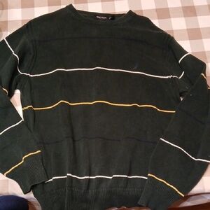 Nautica Men's Dark Green Sweater with Yellow and White Stripes